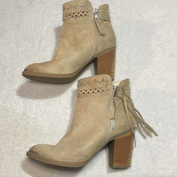 Not Rated Tan Ankle Booties with Laser-Cut Detail and Fringe - Picture 5 of 9